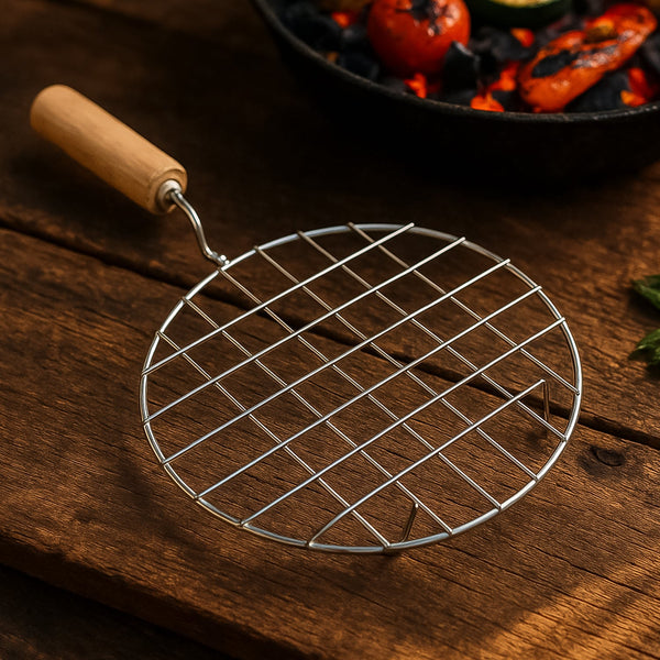 Kitchen Round Stainless Steel Roaster Papad Jali, Barbecue Grill with Wooden Handle